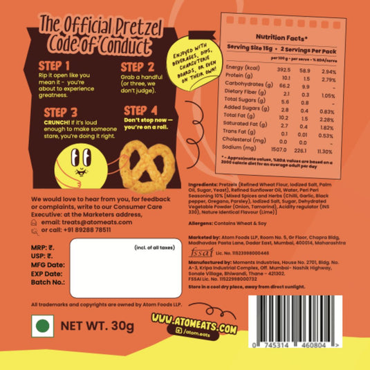 Buy Atom Eats - Peri Peri Pretzels 30g each (Pack of 2) Snacks | Slimjim India