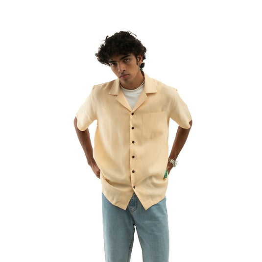 Buy OG Patchwork Cuban Collar Hemp Shirt Nude OG Patchwork Cuban Collar Hemp Shirt | Slimjim India