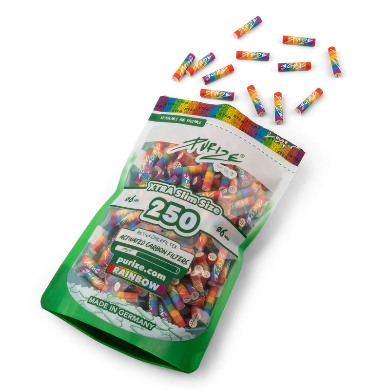 Load image into Gallery viewer, Buy Purize - Rainbow Xtra Slim Filters (6MM) (Pack of 250) Active Charcoal Filter | Slimjim India
